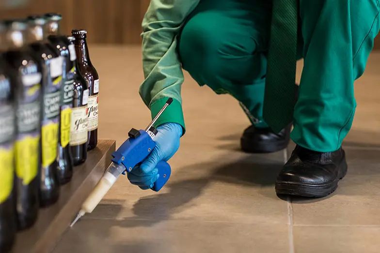 Técnico da Desinservice aplicando tratamento em gel contra formigas.
